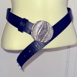 Chico’s black leather belt with hammered silver & rhinestones hook buckle